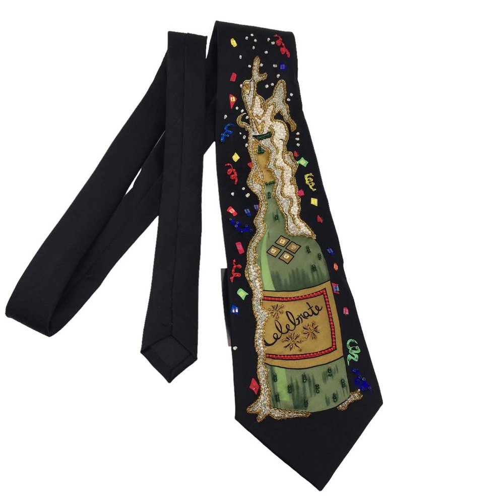 Black Beaded Champagne Bottle Silk‎ Necktie, New Years Eve Tie, Celebration NWT